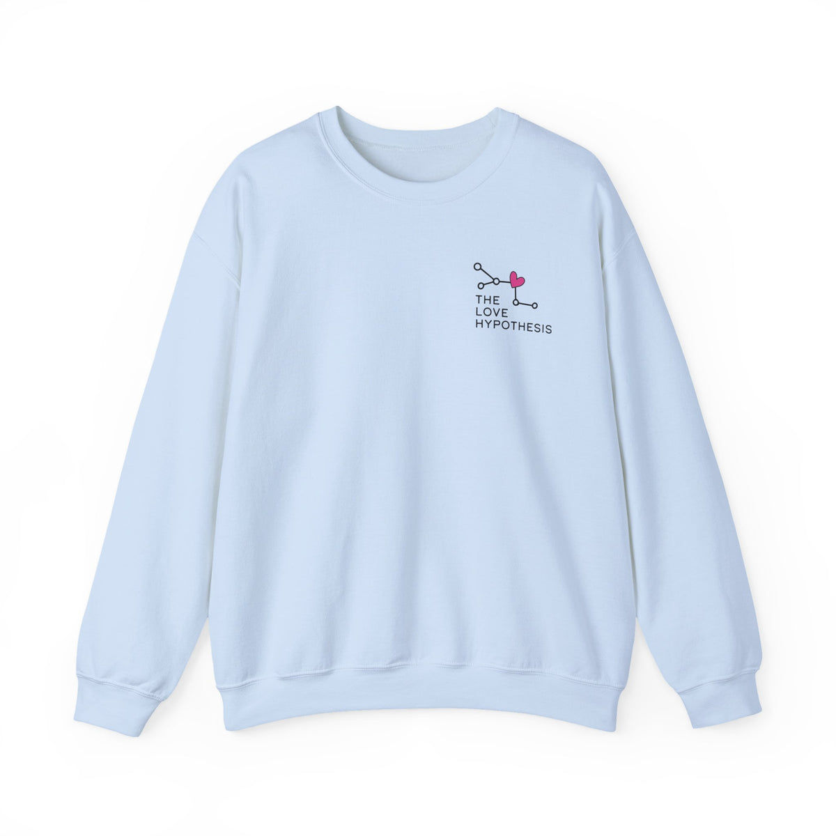 Light blue Love Hypothesis crewneck sweatshirt with a small heart and DNA inspired chest graphic from Thtgrlreads Ali Hazelwood Crewnecks collection