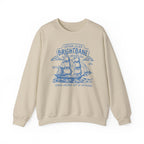 thtgrlreads Wolves of Ruin collection crewneck featuring a vintage-washed Comfort Colors beige sweatshirt with a blue nautical ship graphic and text, designed by Printify.