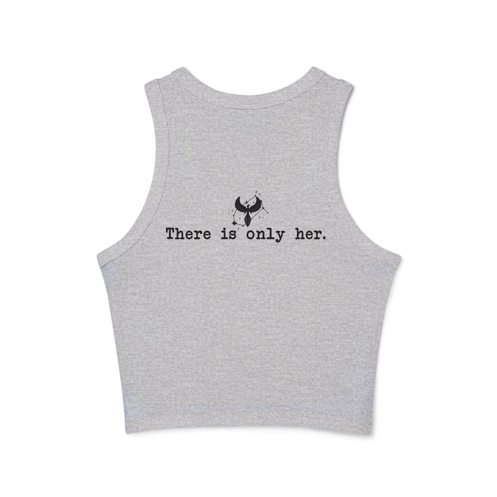 Zodiac Academy inspired gray vintage wash Comfort Colors cropped tank by thtgrlreads featuring a minimalist black graphic and "There is only her." text in typewriter font.