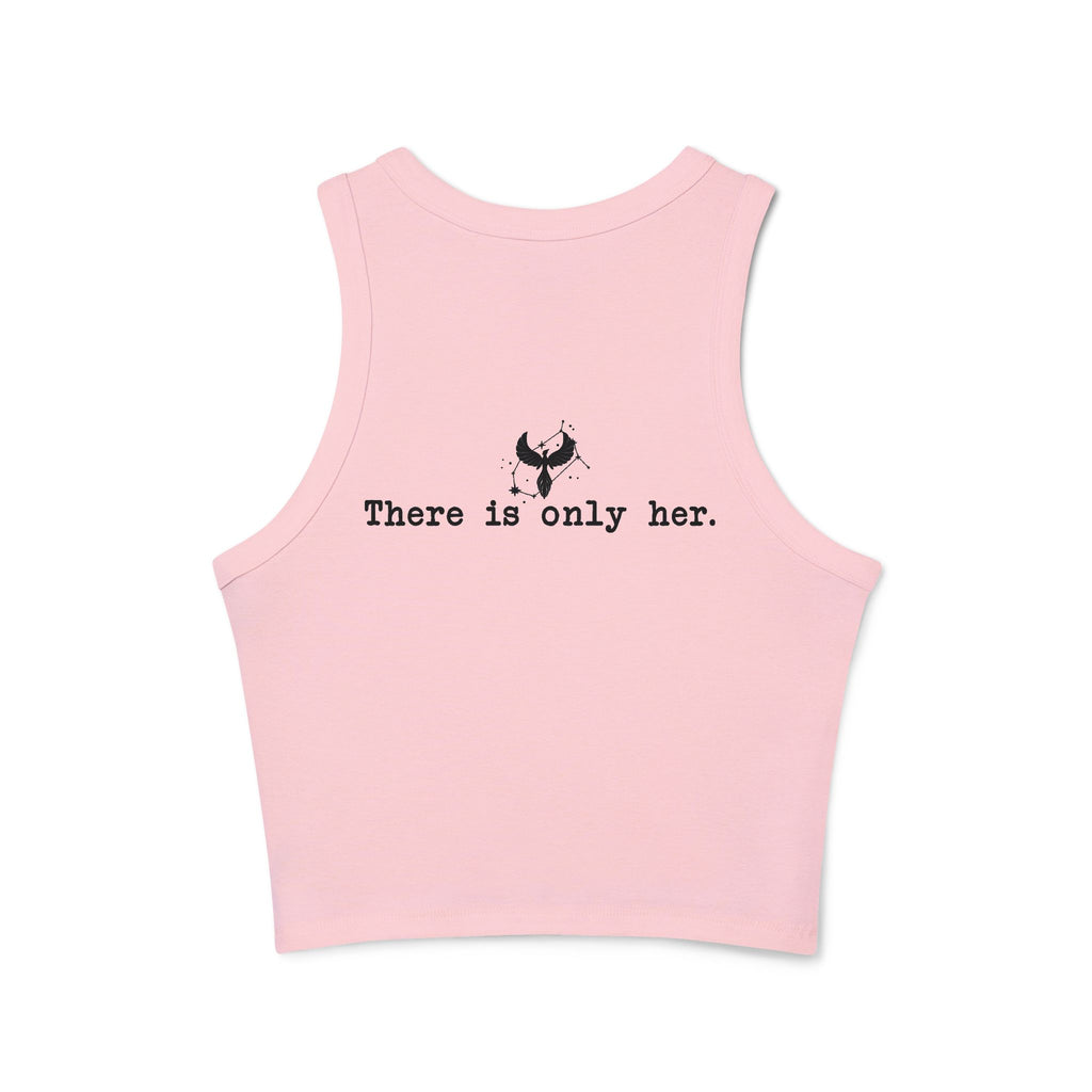 Zodiac Academy collection cropped tank by thtgrlreads featuring a vintage-wash Comfort Colors pink base with minimalist black text graphic saying "There is only her.