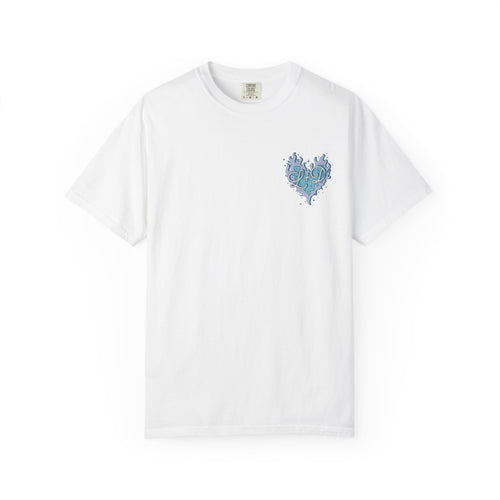 Zodiac Academy-themed Comfort Colors graphic tee by thtgrlreads featuring a vintage-wash white base and a blue artistic heart print on the chest, part of Tees collection.