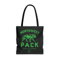 Black Northwest Pack tote bag with green wolf graphic and lettering, inspired by The Love Hypothesis by Ali Hazelwood, official licensed bookish merch from Printify