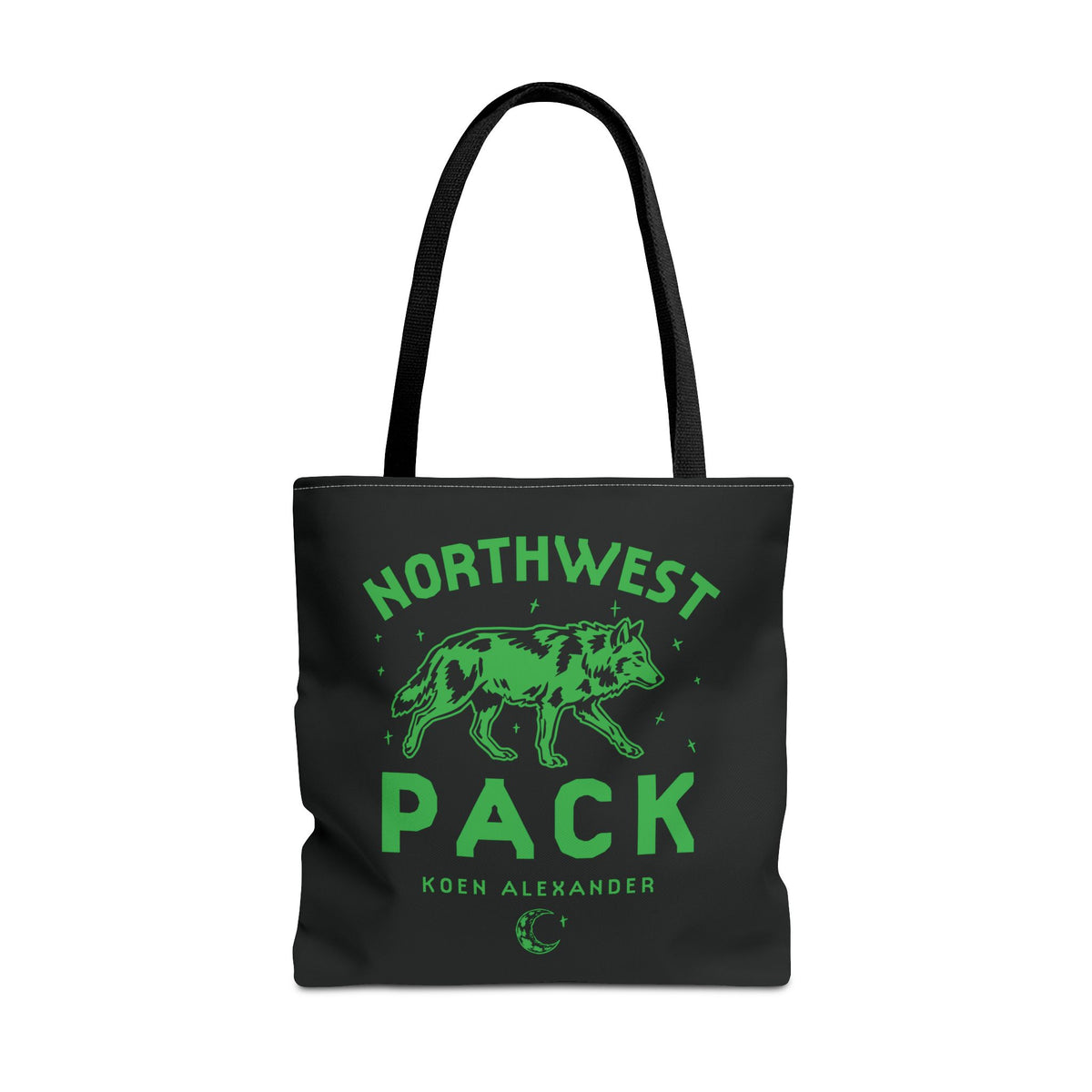 Black Northwest Pack tote bag with green wolf graphic and lettering, inspired by The Love Hypothesis by Ali Hazelwood, official licensed bookish merch from Printify