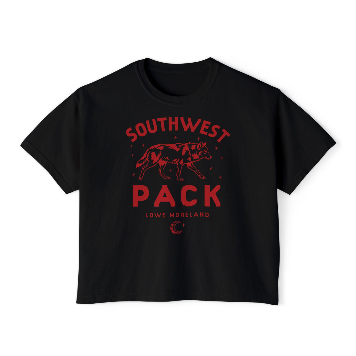 Black Southwest Pack crop top with a red wolf graphic and Love Moreland lettering from Bride by Ali Hazelwood by Thtgrlreads officially licensed bookish apparel