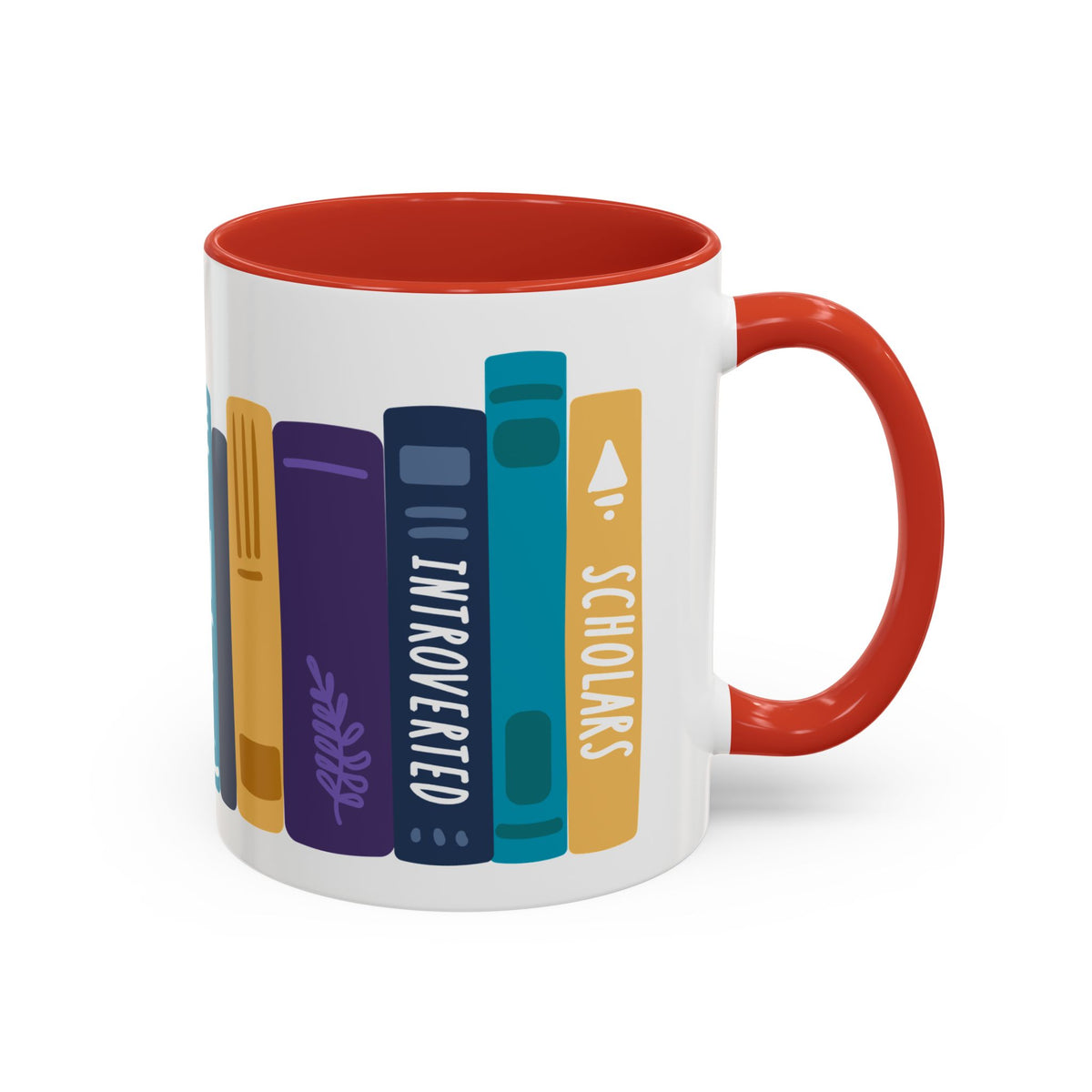 White ceramic mug with a red handle and interior, featuring colorful illustrated book spines labeled "Introverted" and "Scholars," offered by thtgrlreads.