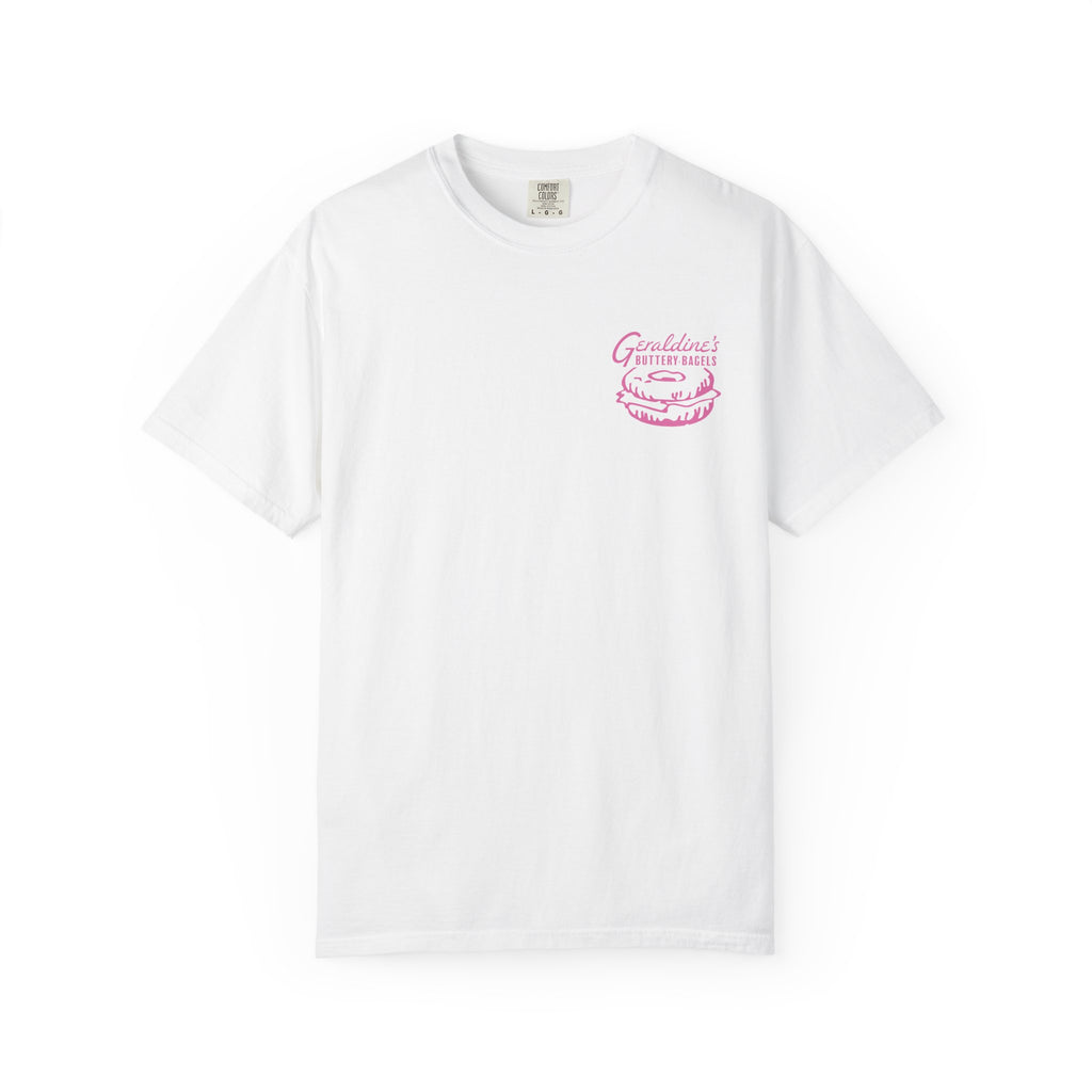 Zodiac Academy comfort colors graphic tee by thtgrlreads featuring a vintage-wash white cotton base and a small pink retro-style bagel shop logo on the chest.
