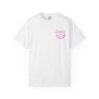 Zodiac Academy comfort colors graphic tee by thtgrlreads featuring a vintage-wash white cotton base and a small pink retro-style bagel shop logo on the chest.