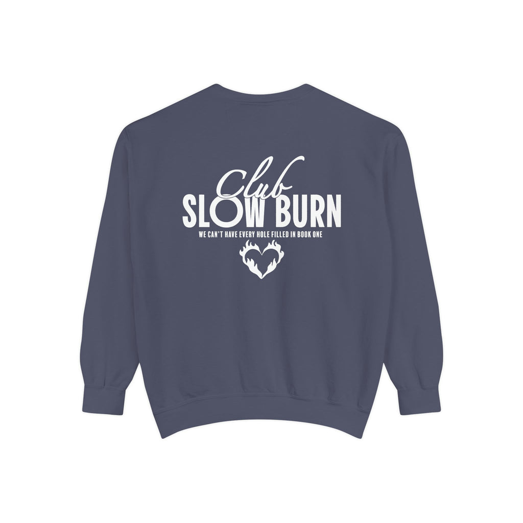 Dark blue oversized crewneck sweatshirt from thtgrlreads featuring a vintage-style white graphic print that reads "Club Slow Burn" with a heart design, part of the Book Bestie and Crewnecks collections.