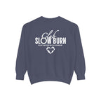 Dark blue oversized crewneck sweatshirt from thtgrlreads featuring a vintage-style white graphic print that reads "Club Slow Burn" with a heart design, part of the Book Bestie and Crewnecks collections.