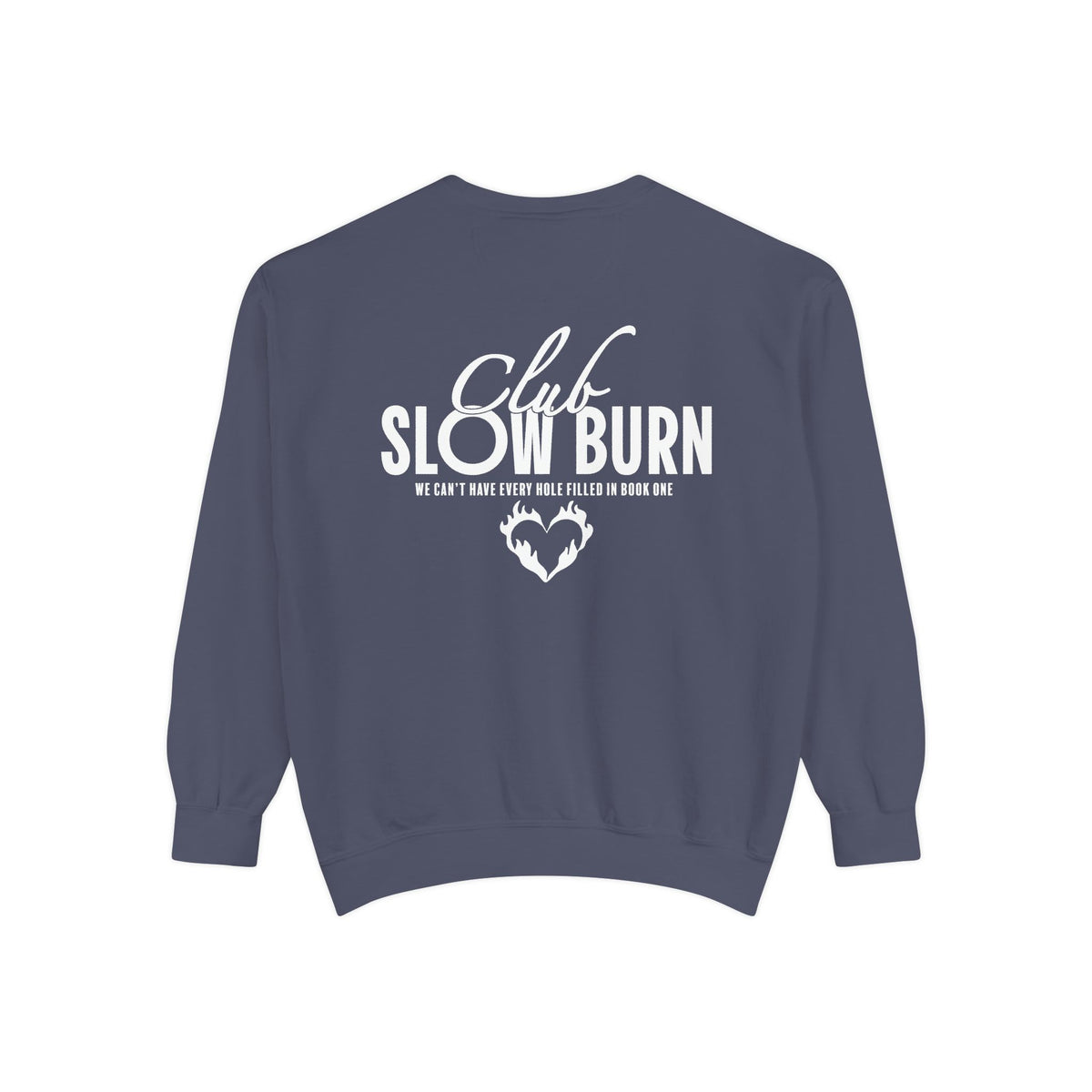 Dark blue oversized crewneck sweatshirt from thtgrlreads featuring a vintage-style white graphic print that reads "Club Slow Burn" with a heart design, part of the Book Bestie and Crewnecks collections.