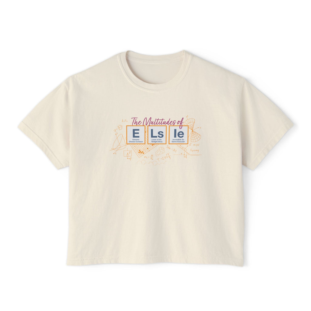 Cream Comfort Colors graphic tee featuring The Multitudes of Elsie design from Ali Hazelwood's Love Theoretically, official licensed bookish apparel by Thtgrlreads.