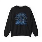 A black oversized crewneck sweatshirt from thtgrlreads featuring a vintage-style blue graphic of a sailing ship with text inspired by the Wolves of Ruin series, printed on a soft Comfort Colors base by Printify, part of the Crewnecks collection.