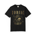 Zodiac Academy comfort colors graphic tee from thtgrlreads features a vintage-inspired design with celestial and landscape elements in muted gold tones, part of the Zodiac Academy collection.