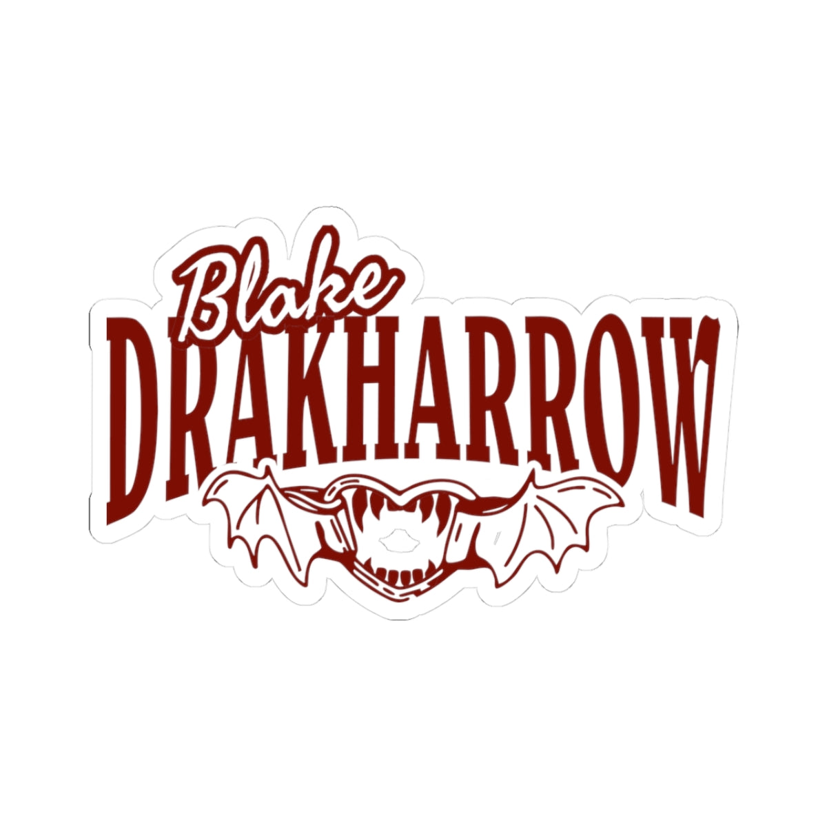 Stylized graphic design featuring the name "Blake Drakharrow" in bold, gothic red lettering with bat wings and a skull motif beneath, suitable for romantasy book merch.