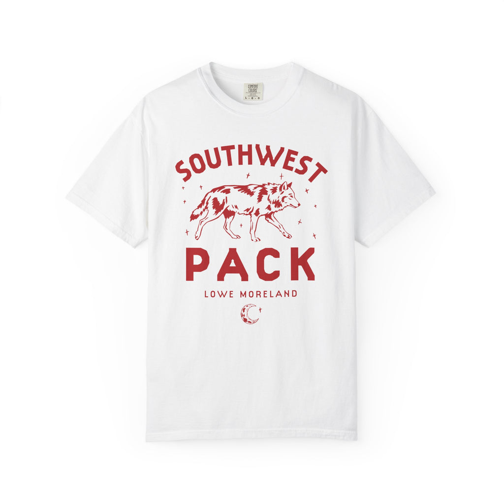 White Comfort Colors graphic tee with a red Southwest Pack wolf design and Lowe Moreland text from Ali Hazelwood Bride merch by Thtgrlreads