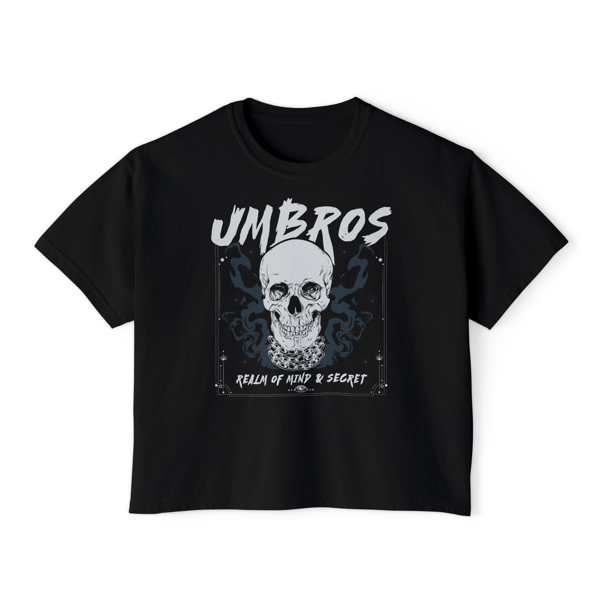 Black vintage wash Comfort Colors cropped t-shirt from thtgrlreads featuring a graphic skull design with "UMBROS" and "Realm of Mind & Secret" text, part of the Kindred's Curse Saga collection.
