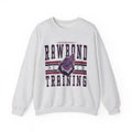 Thtgrlreads Wolves of Ruin collection oversized crewneck sweatshirt in vintage-washed light gray Comfort Colors fabric featuring bold Rawbond Training graphic with a purple howling wolf and stylized text.