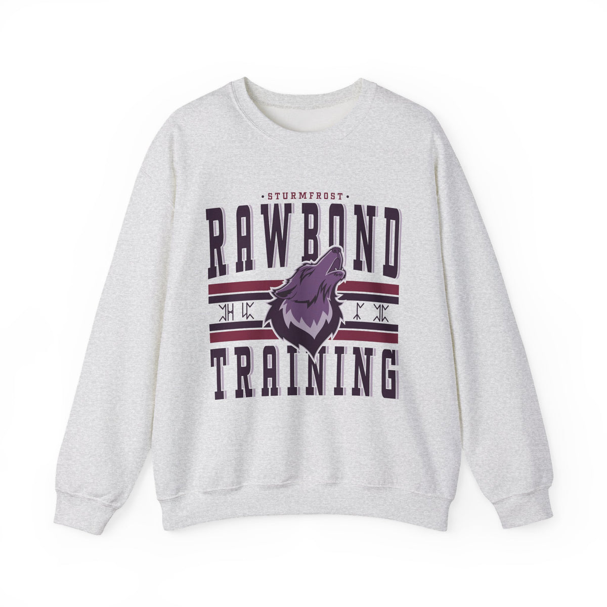 Thtgrlreads Wolves of Ruin collection oversized crewneck sweatshirt in vintage-washed light gray Comfort Colors fabric featuring bold Rawbond Training graphic with a purple howling wolf and stylized text.