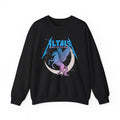 A black oversized crewneck sweatshirt from thtgrlreads featuring a vintage-style graphic of a winged unicorn on a crescent moon with bold blue lettering, part of the Zodiac Academy and Crewnecks collections.