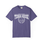 A purple Comfort Colors graphic tee from thtgrlreads featuring a vintage white print with "Zodiac Academy Terra House" text and a mountain emblem, part of Zodiac Academy and Back to School collections.