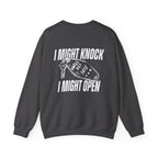 thtgrlreads oversized crewneck sweatshirt in vintage black with bold white text graphic "I Might Knock I Might Open" and a hotel key illustration on the back.
