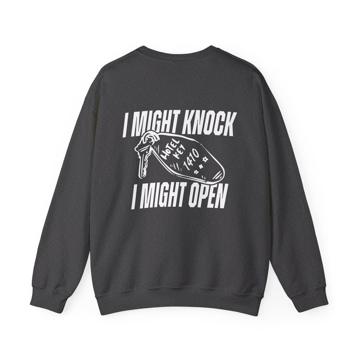 thtgrlreads oversized crewneck sweatshirt in vintage black with bold white text graphic "I Might Knock I Might Open" and a hotel key illustration on the back.