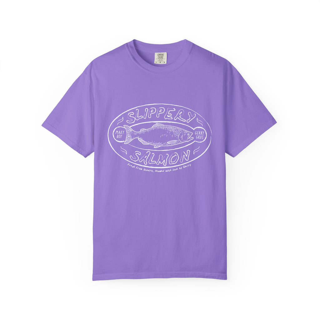 A vintage-wash Comfort Colors graphic tee by thtgrlreads from the Zodiac Academy collection, featuring a whimsical white “Slippery Salmon” print on a soft lavender base.