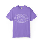 A vintage-wash Comfort Colors graphic tee by thtgrlreads from the Zodiac Academy collection, featuring a whimsical white “Slippery Salmon” print on a soft lavender base.