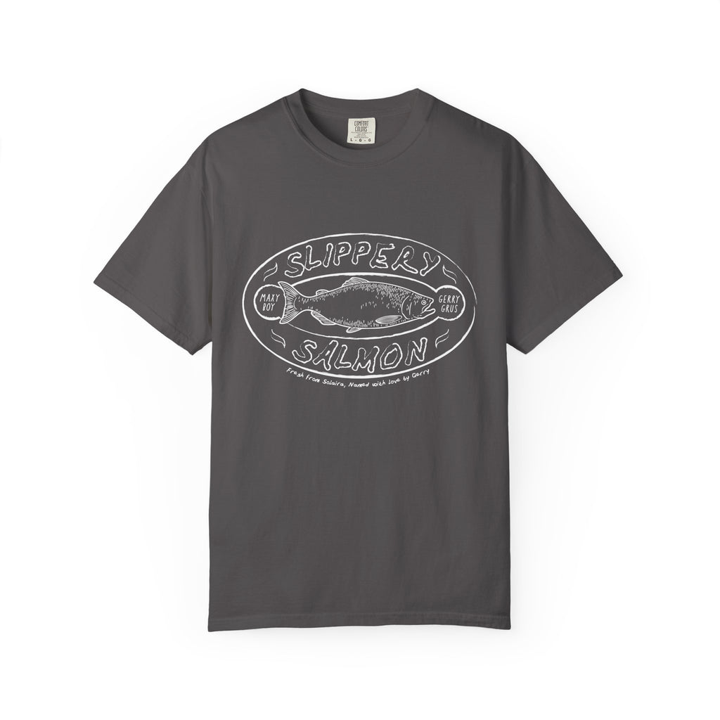Zodiac Academy-themed Comfort Colors graphic tee from thtgrlreads featuring a vintage wash and a white line art "Slippery Salmon" print, part of the Tees collection.