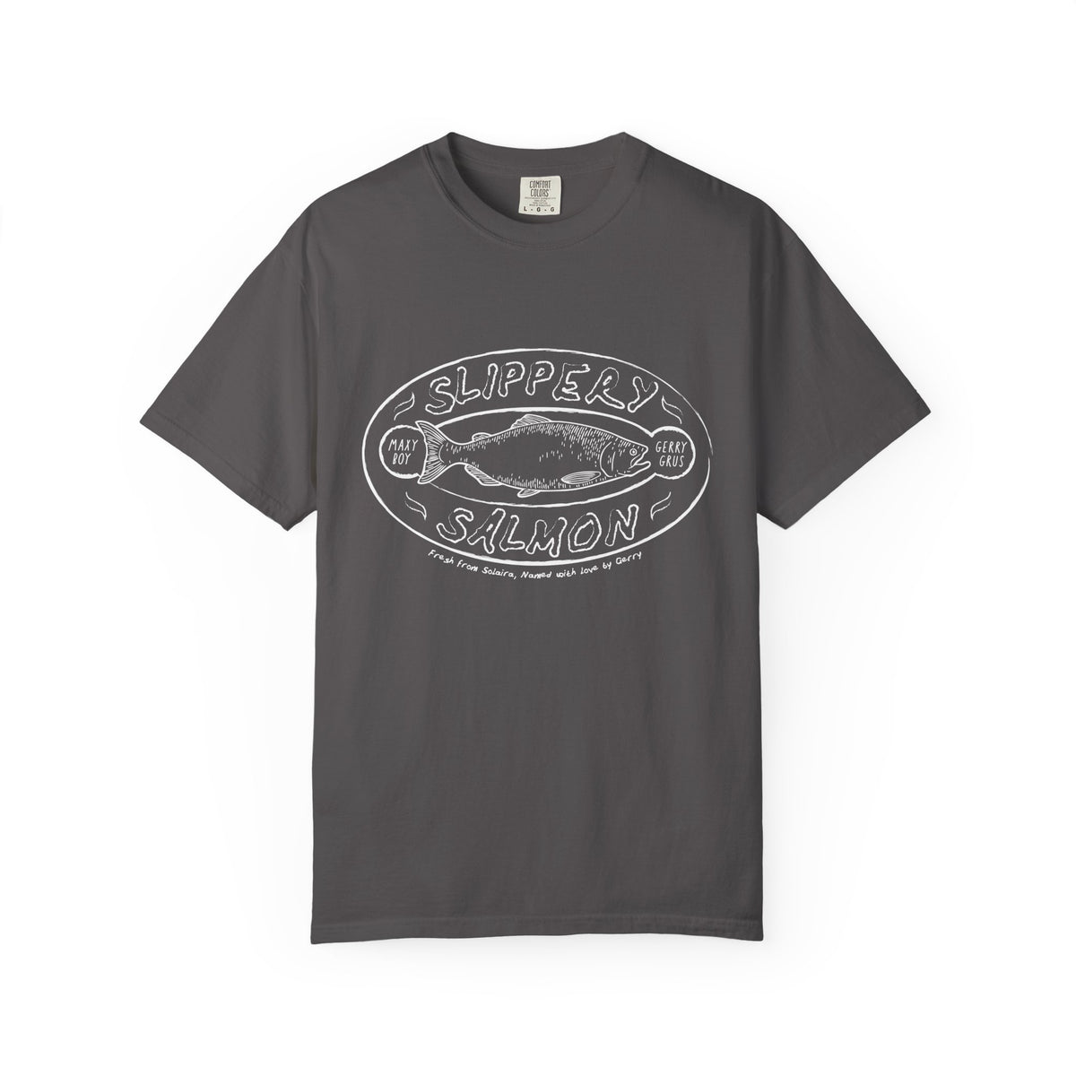 Zodiac Academy-themed Comfort Colors graphic tee from thtgrlreads featuring a vintage wash and a white line art "Slippery Salmon" print, part of the Tees collection.