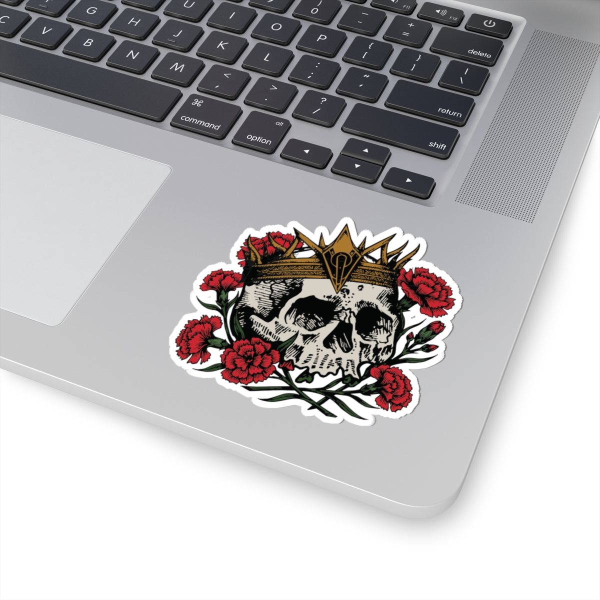 Liv Zander collection sticker by thtgrlreads featuring a detailed skull with a gold crown surrounded by red carnations, perfect for bookish and romantasy fans.