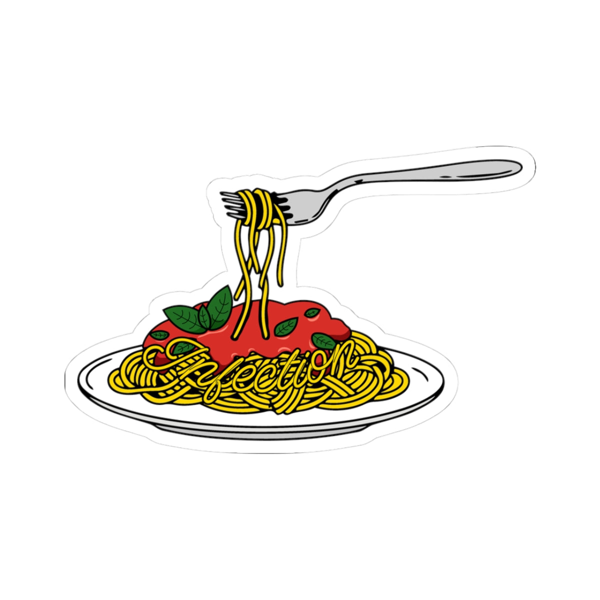 Infection Pasta sticker from thtgrlreads features a plate of spaghetti with tomato sauce and basil, with the word "Infection" creatively entwined in the noodles, part of The Poison Daughter collection.