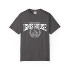 Zodiac Academy inspired comfort colors graphic tee by thtgrlreads featuring a vintage wash charcoal base with bold white "Ignis House" text and a fire emblem in collegiate font.
