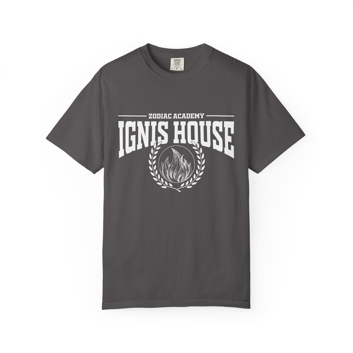 Zodiac Academy inspired comfort colors graphic tee by thtgrlreads featuring a vintage wash charcoal base with bold white "Ignis House" text and a fire emblem in collegiate font.