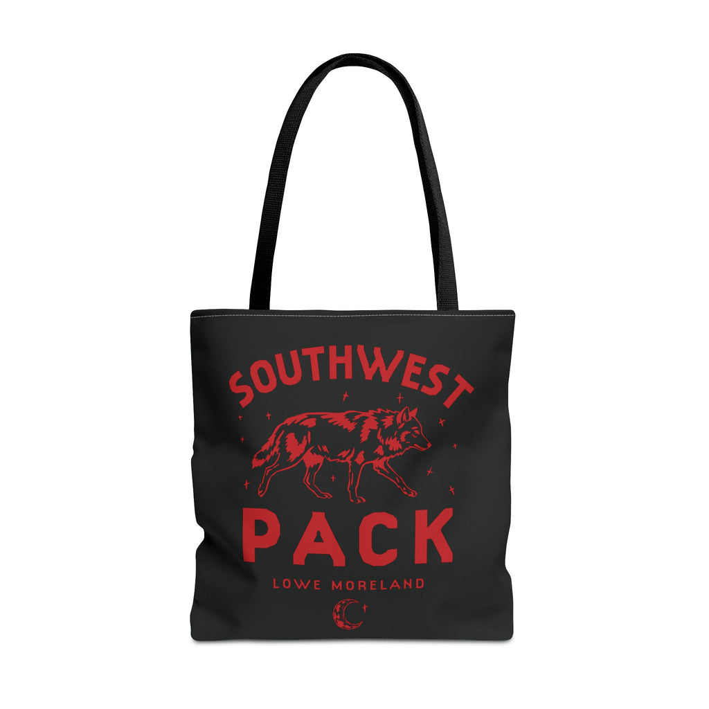 Black Southwest Pack tote bag with red lettering and a fierce illustrated wolf design, inspired by Ali Hazelwood's Bride and made by Printify