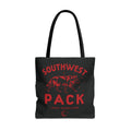 Black Southwest Pack tote bag with red lettering and a fierce illustrated wolf design, inspired by Ali Hazelwood's Bride and made by Printify