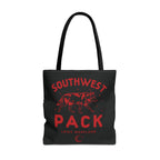 Black Southwest Pack tote bag with red lettering and a fierce illustrated wolf design, inspired by Ali Hazelwood's Bride and made by Printify