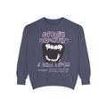 Thtgrlreads Ruthless Boys of the Zodiac collection oversized crewneck sweatshirt in vintage wash, featuring a bold graphic with distressed text and monster fang design in muted purple and black tones.