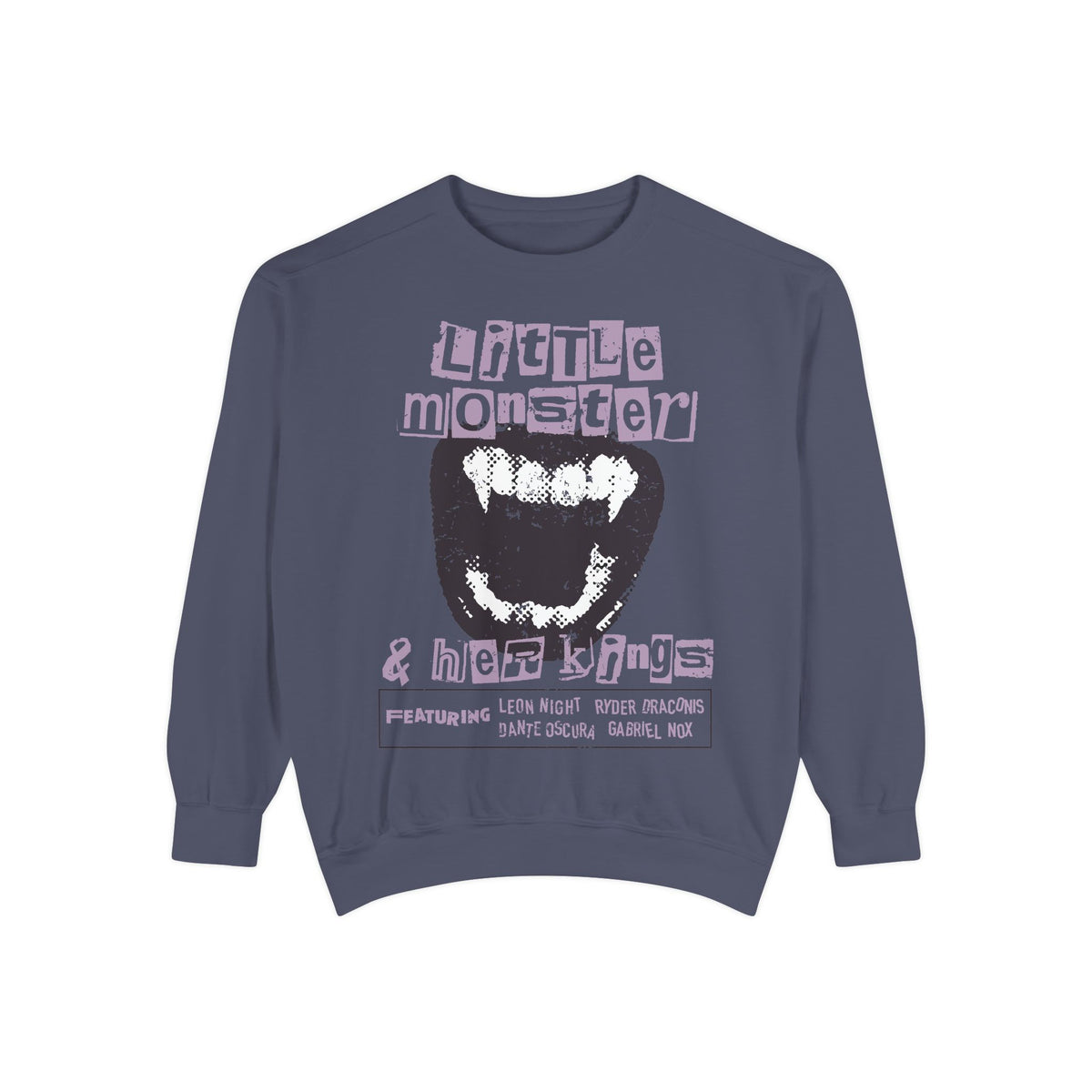 Thtgrlreads Ruthless Boys of the Zodiac collection oversized crewneck sweatshirt in vintage wash, featuring a bold graphic with distressed text and monster fang design in muted purple and black tones.