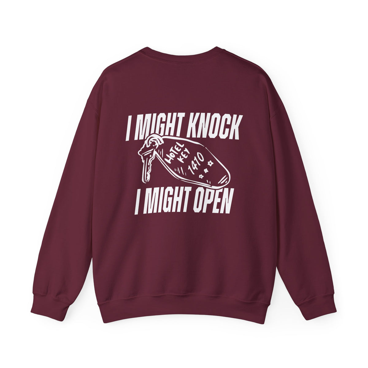 Burgundy oversized crewneck sweatshirt from thtgrlreads featuring bold white graphic text and a vintage-style key illustration, part of the Hockey Romance and Crewnecks collections.