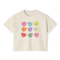 Zodiac Academy-themed cream Comfort Colors crop top from thtgrlreads featuring vintage-washed fabric and colorful candy heart graphics with character names from Ruthless Boys of the Zodiac.