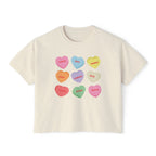 Zodiac Academy-themed cream Comfort Colors crop top from thtgrlreads featuring vintage-washed fabric and colorful candy heart graphics with character names from Ruthless Boys of the Zodiac.