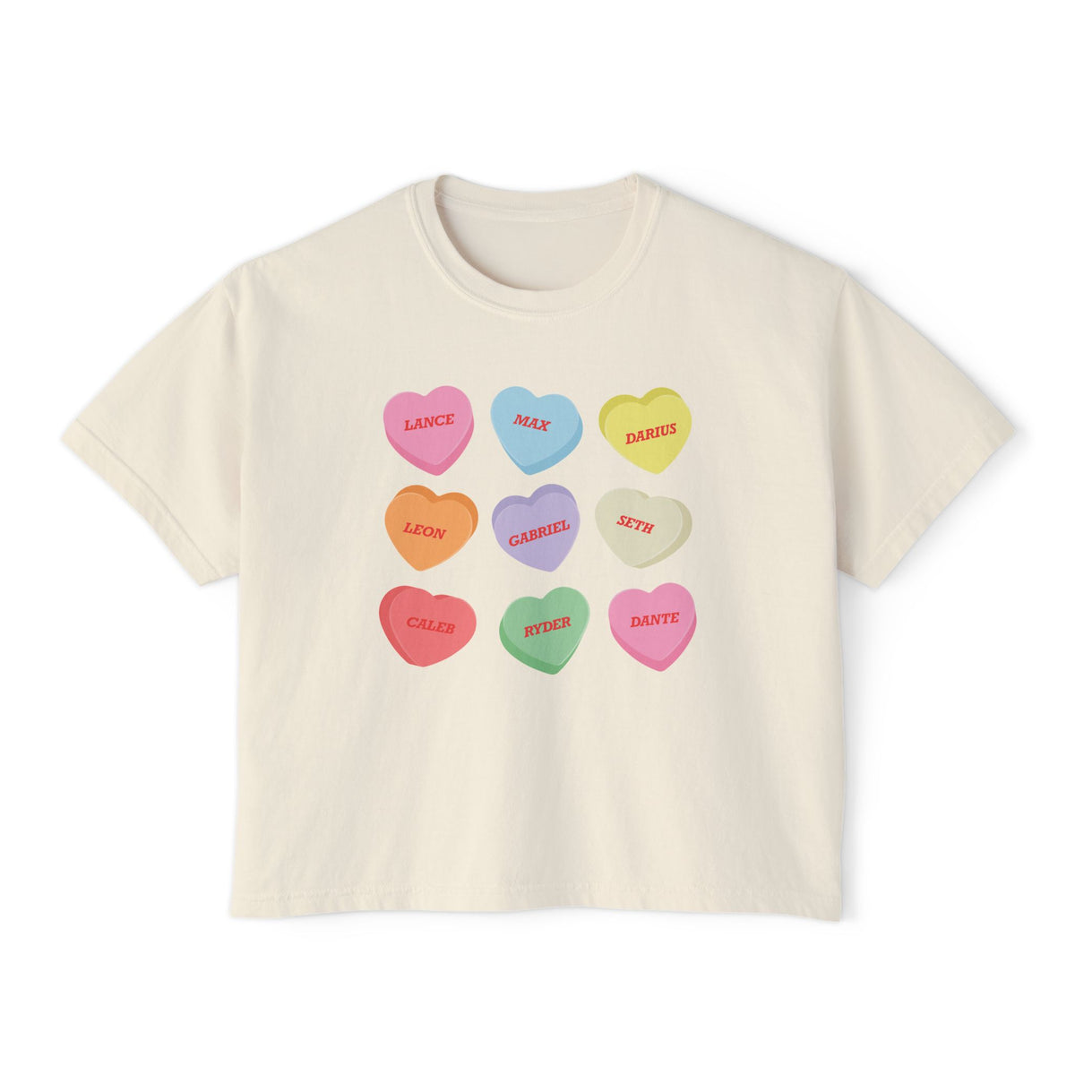 Zodiac Academy-themed cream Comfort Colors crop top from thtgrlreads featuring vintage-washed fabric and colorful candy heart graphics with character names from Ruthless Boys of the Zodiac.