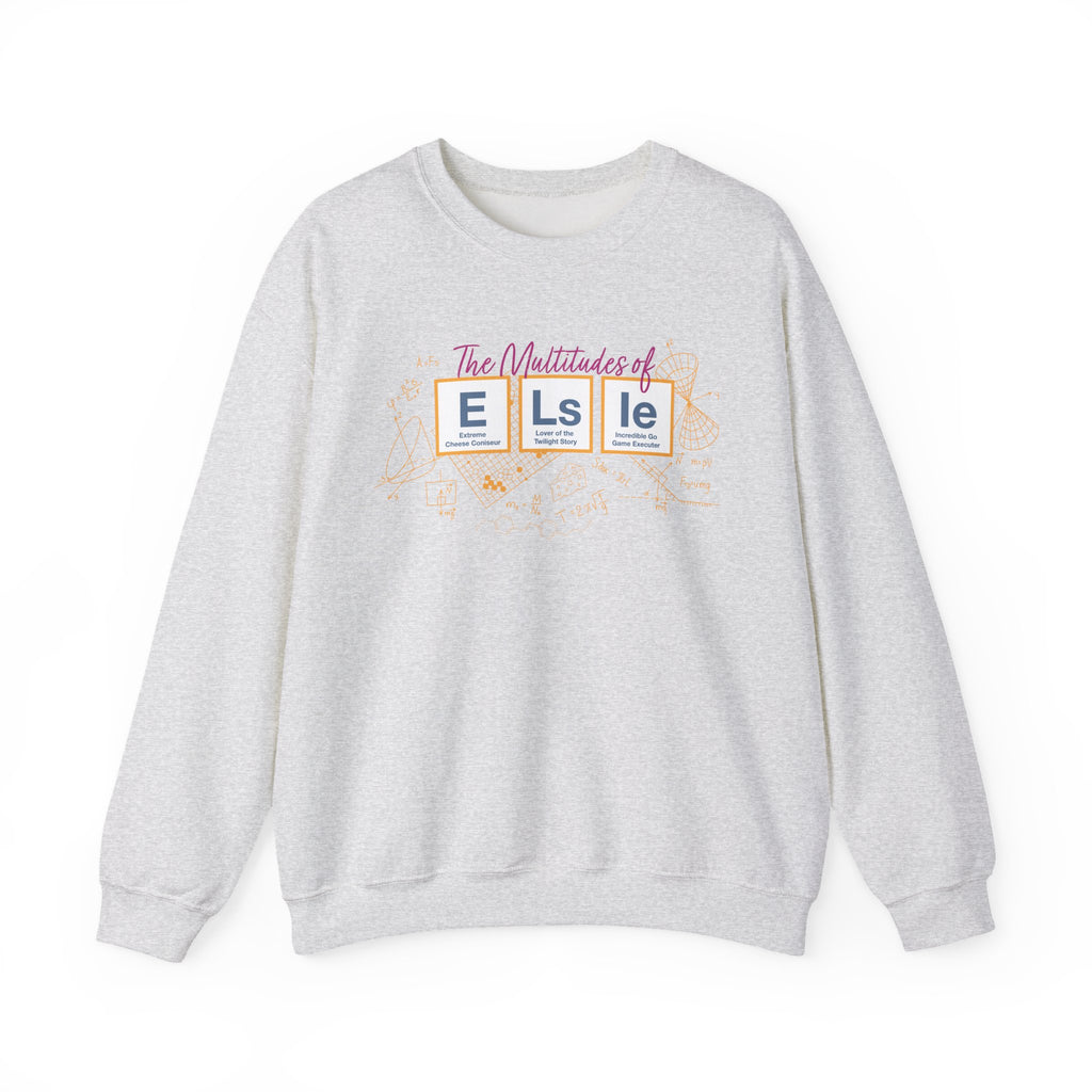 Light gray Elsie crewneck sweatshirt featuring a colorful The Multitudes of Elsie graphic from Ali Hazelwood's Love Theoretically by Thtgrlreads