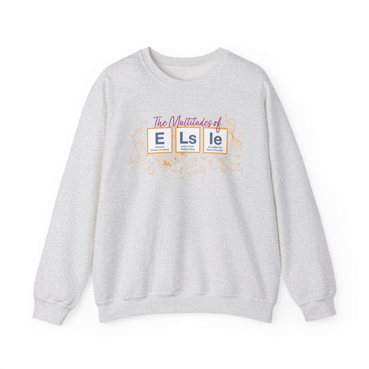 Light gray Elsie crewneck sweatshirt featuring a colorful The Multitudes of Elsie graphic from Ali Hazelwood's Love Theoretically by Thtgrlreads