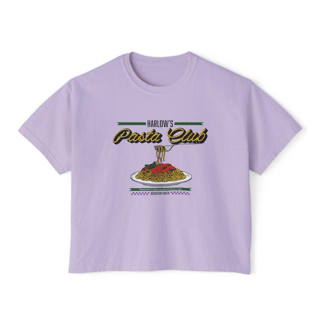 A lavender Comfort Colors crop top from thtgrlreads featuring a vintage-style graphic of a plate of spaghetti and text "Harlow's Pasta Club" in bold retro script, part of The Poison Daughter collection.