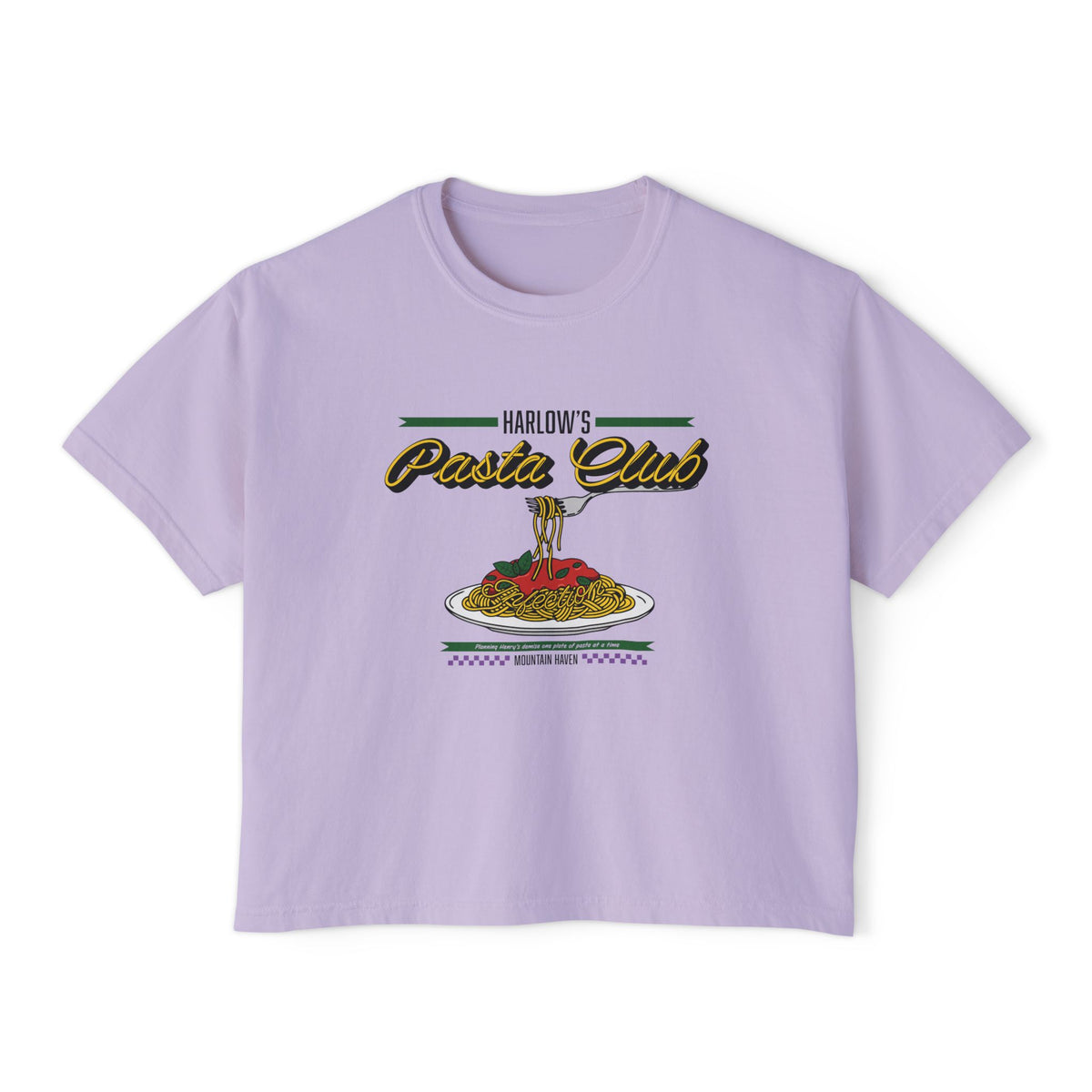 A lavender Comfort Colors crop top from thtgrlreads featuring a vintage-style graphic of a plate of spaghetti and text "Harlow's Pasta Club" in bold retro script, part of The Poison Daughter collection.