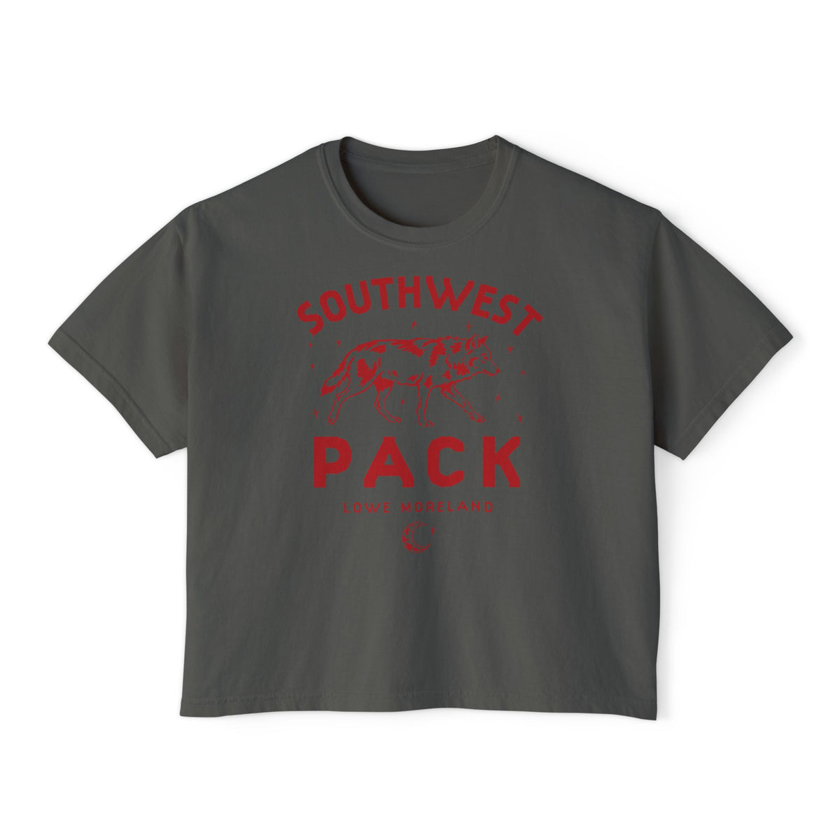 Dark charcoal cropped tee with a red Southwest Pack graphic from Bride by Ali Hazelwood, licensed bookish apparel by Thtgrlreads in the Tees collection