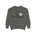 Nocticadia-themed oversized crewneck sweatshirt by thtgrlreads featuring a vintage wash and graphic print of alchemy flasks, a skull, and purple butterflies with "Dr. Death" text, part of the Crewnecks collection.