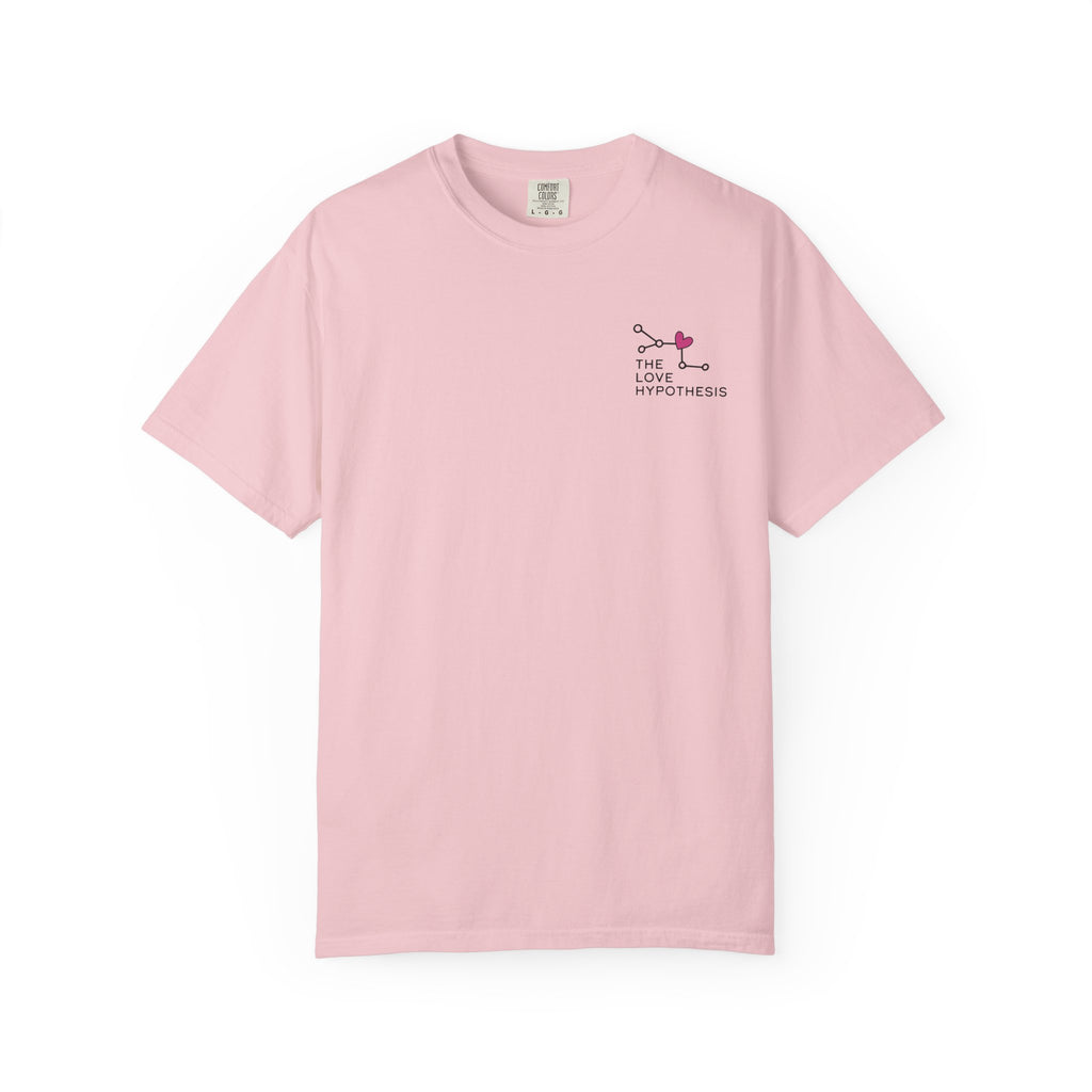 Pink Comfort Colors unisex graphic tee with a small The Love Hypothesis chest design from Thtgrlreads Ali Hazelwood tees and officially licensed bookish apparel